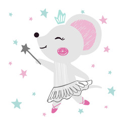 Mouse baby girl cute print. Sweet animal with magic wand, crown, ballet tutu, pointe shoes, star.