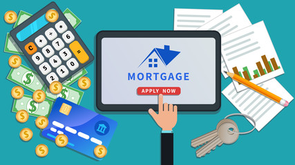 Mortgage payment online design. Financial planning, rent house, home loan, buy real estate. Flat tablet with house logo, hand click apply button on desk with cash, credit card, keys, chart and pencil