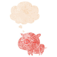 cartoon pig and thought bubble in retro textured style