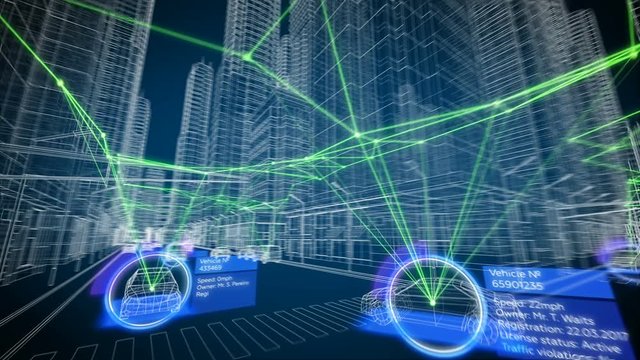 Smart City Concept. Working Tracking System on City Streets Seamless. Abstract Buildings and Cars Stylized in Hi-tech Grid Design. Looped 3d Animation Futuristic Technology Concept 4k UHD 3840x2160.