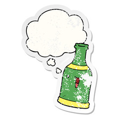cartoon beer bottle and thought bubble as a distressed worn sticker