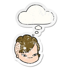 cartoon female face and thought bubble as a distressed worn sticker