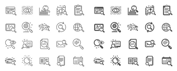 Search line icons. Photo indexation, Artificial intelligence, Car rental icons. Airplane flights, Web search engine, Analytics. Find photo, checklist document, artificial intelligence eye. Vector
