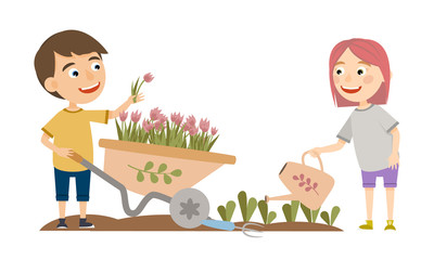 A boy and a girl in the garden. The boy transports tulips, the girl watering the shoots of plants. Gardening Hoby. Cute Vector Illustration