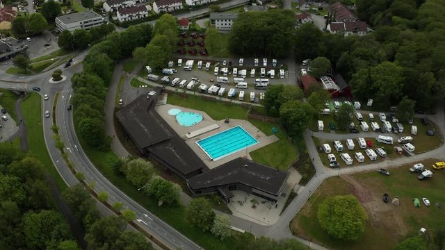 Cinematic Drone Aerial of Open Public Pool in Stavanger Suburbia Oil Capital of Norway 4k