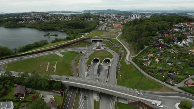 Cinematic Aerial of Amazing Constructor Solution for Traffic Highway With Roundabout and Tunnels on E39 European Route in Norway Stavanger City