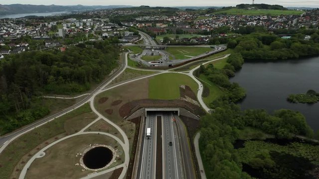 Cinematic Aerial of Highway and Below Sea Level Rogfast Tunnel Part of European E39 Route in Stavanger Norway