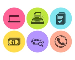 Handout, Typewriter and Laptop icons simple set. Payment, Search car and Call center signs. Documents example, Writer machine. Flat handout icon. Circle button. Vector