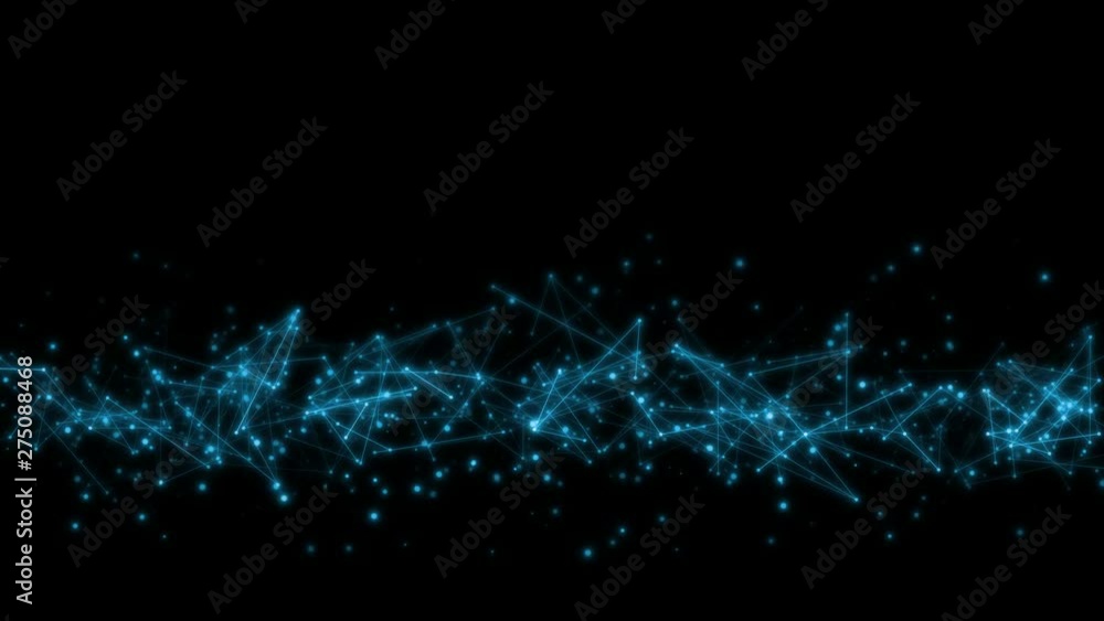 Poster Seamless loop cg. Smooth animation. Abstract moving network nodes dots and lines with floating circle shape bokeh lights. Background for technology, telecom, mysterious concepts or products.