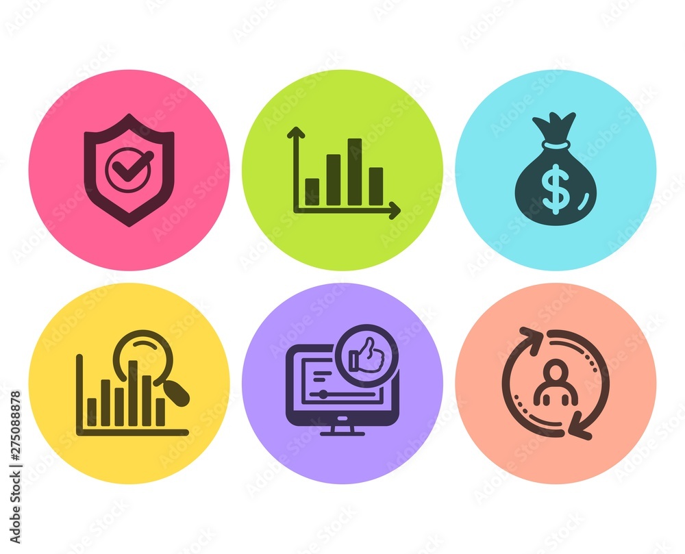 Poster approved shield, search and like video icons simple set. money bag, diagram graph and user info sign