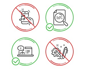 Do or Stop. Online documentation, Search file and Music phone icons simple set. Engineering sign. Web engineering, Find document, Radio sound. Construction. Technology set. Vector