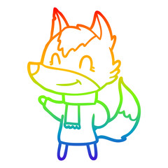 rainbow gradient line drawing friendly cartoon wolf in winter clothes