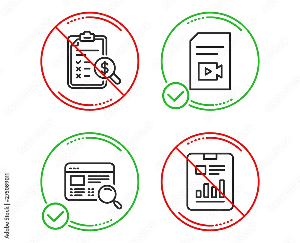 Poster do or stop. accounting report, website search and video file icons simple set. report document sign.