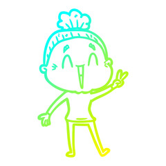 cold gradient line drawing cartoon happy old lady