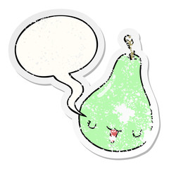cartoon pear and speech bubble distressed sticker