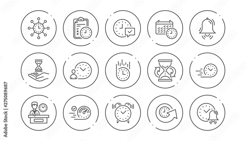 Poster time line icons. calendar, time management and delivery. hourglass linear icon set. line buttons wit