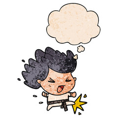 cartoon kicking karate champ and thought bubble in grunge texture pattern style