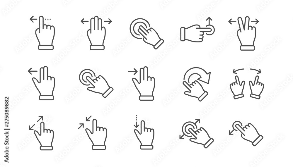 Aufkleber touchscreen gesture line icons. hand swipe, slide gesture, multitasking icons. touchscreen technolog