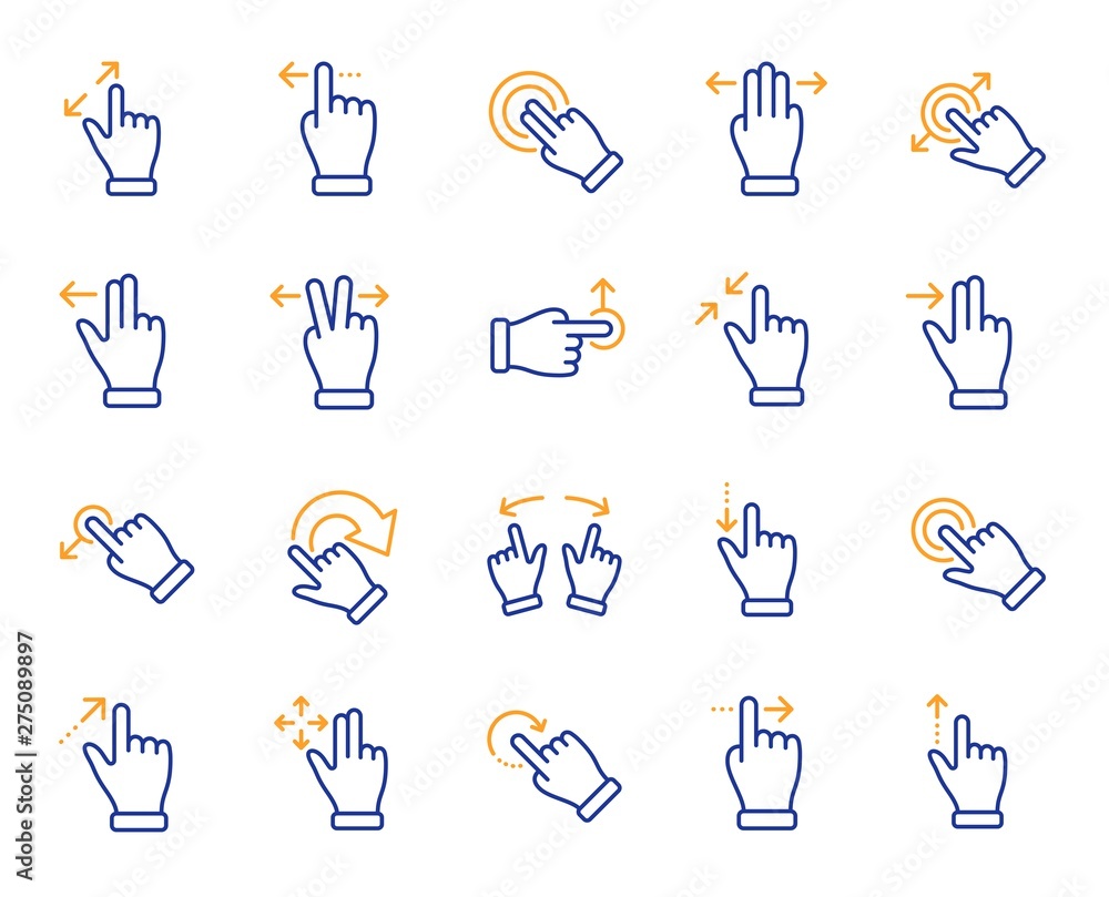 Poster touchscreen gesture line icons. hand swipe, slide gesture, multitasking icons. touchscreen technolog