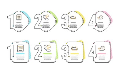 Share call, Car and Ssd icons simple set. Fast delivery sign. Phone support, Transport, Memory disk. Stopwatch. Technology set. Infographic timeline. Line share call icon. 4 options or steps. Vector