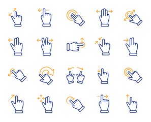 Touchscreen gesture line icons. Hand swipe, Slide gesture, Multitasking icons. Touchscreen technology, tap on screen, drag and drop. Smartphone mobile app or user interface. Vector - obrazy, fototapety, plakaty