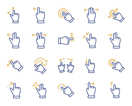 Touchscreen gesture line icons. Hand swipe, Slide gesture, Multitasking icons. Touchscreen technology, tap on screen, drag and drop. Smartphone mobile app or user interface. Vector