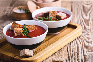 Tomato soup  with rye bread croutons and thyme