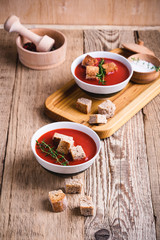 Tomato soup  with rye bread croutons and thyme