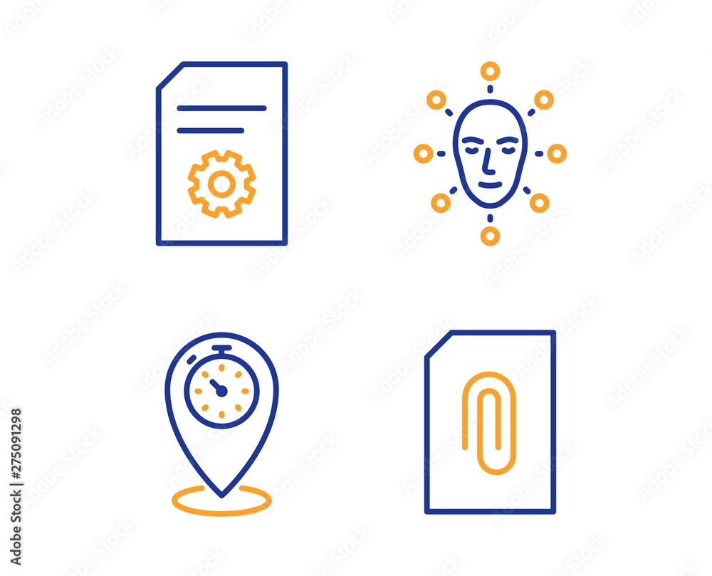 Poster face biometrics, file settings and timer icons simple set. attachment sign. facial recognition, file