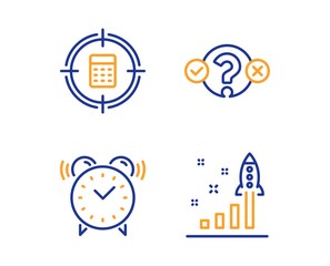 Quiz test, Calculator target and Alarm clock icons simple set. Development plan sign. Select answer, Audit, Time. Strategy. Technology set. Linear quiz test icon. Colorful design set. Vector