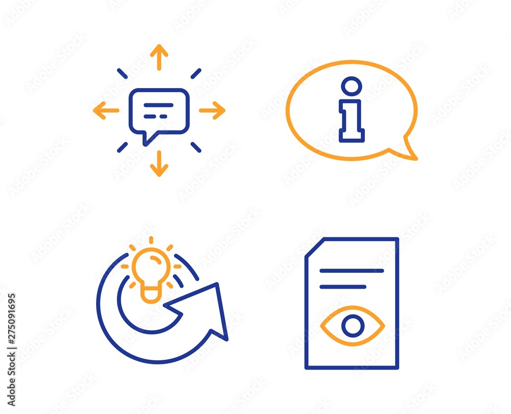 Poster information, share idea and sms icons simple set. view document sign. info center, solution, convers