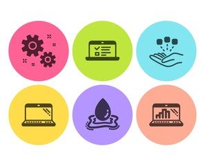 Laptop, Water splash and Web lectures icons simple set. Consolidation, Work and Graph laptop signs. Computer, Aqua drop. Science set. Flat laptop icon. Circle button. Vector