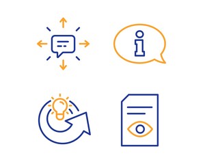 Information, Share idea and Sms icons simple set. View document sign. Info center, Solution, Conversation. Open file. Technology set. Linear information icon. Colorful design set. Vector