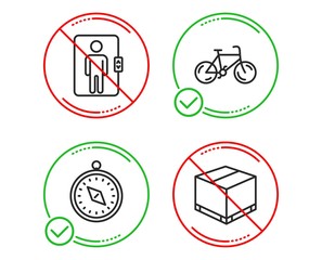 Do or Stop. Bicycle, Travel compass and Elevator icons simple set. Delivery box sign. Bike, Trip destination, Office transportation. Cargo package. Transportation set. Line bicycle do icon. Vector