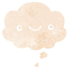 cartoon cute happy face and thought bubble in retro textured style