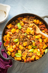 Pumpkin with lentils, sun dried tomatoes and basil 