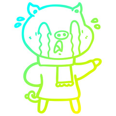 cold gradient line drawing crying pig cartoon wearing human clothes