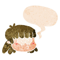 cartoon female face and speech bubble in retro textured style