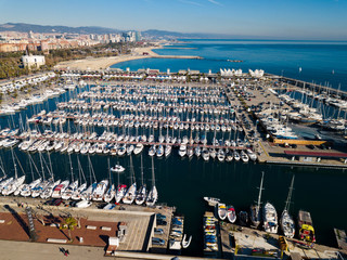 View from drone of ports of Barcelona, Spain