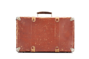 weathered brown vintage suitcase isolated on white