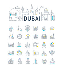 Fototapeta na wymiar Linear Illustration of Dubai with Icons