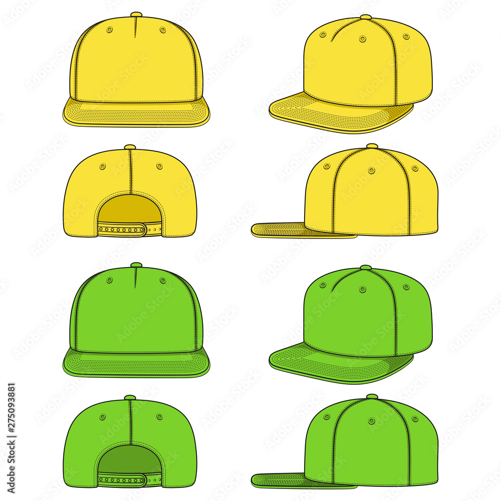 Poster set of color images of a rapper cap with a flat visor, snapback. isolated vector objects on white ba