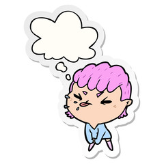 cartoon rude girl and thought bubble as a printed sticker