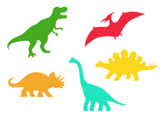 Dinosaur vector silhouettes - T-rex, Brachiosaurus, Pterodactyl, Triceratops, Stegosaurus. Cute flat dinosaurs isolated