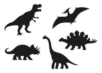 Dinosaur vector silhouettes - T-rex, Brachiosaurus, Pterodactyl, Triceratops, Stegosaurus. Cute flat dinosaurs isolated