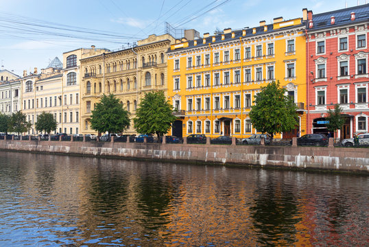 Saint Petersburg. View of the beautiful historic buildings on the Moika River embankment between the Blue and Red bridges on a summer morning