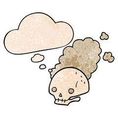 cartoon dusty old skull and thought bubble in grunge texture pattern style