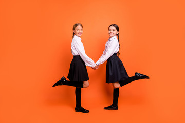 Full length body size profile side view of two person nice attractive charming cute cheerful...