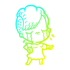 cold gradient line drawing cartoon crying girl