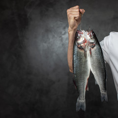 Crop cook holding hook with fresh raw fishes on black background